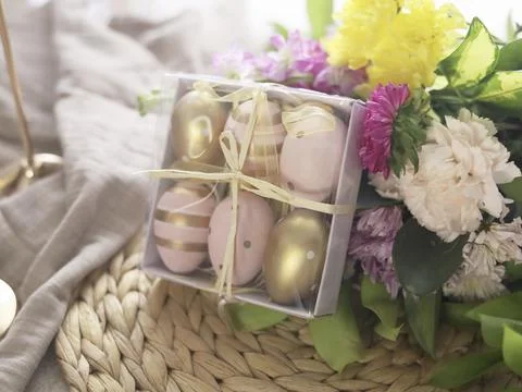 Pastel Easter Gift Box with Spring Flowers Stock Photos