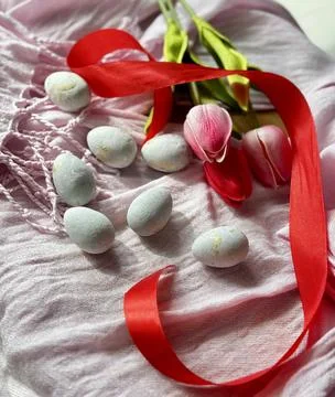 Pastel Easter Still Life Featuring Tulips And Eggs Stock Photos