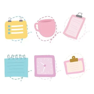 Pastel Elements Set of Office School Stationery Paper Notes Clock Cup Mug w.. 스톡 일러스트