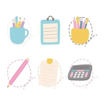 Pastel Elements Set of Office School Stationery Pencil Pen Paper Notes Calc.. Stockillustratie