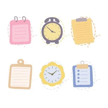 Pastel Elements Set of Office School Stationery Paper Notes Clock with Lines Stock Illustration