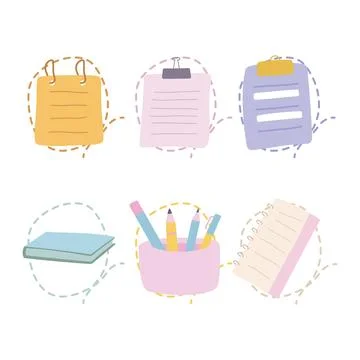 Pastel Elements Set of Office School Stationery Pencil Pen Paper Notes Book.. Stock Illustration