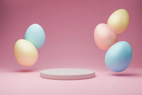 Pastel flying Easter eggs around white podium 3D. Stock Illustration