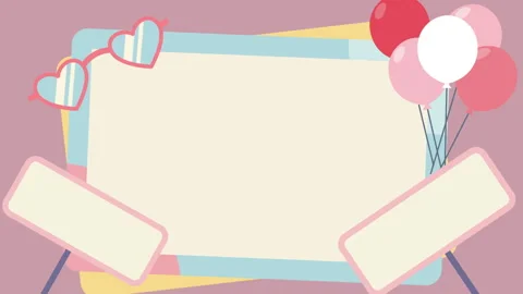 Pastel frames, balloons, and heart elements around empty copy space Stock Footage 327140065