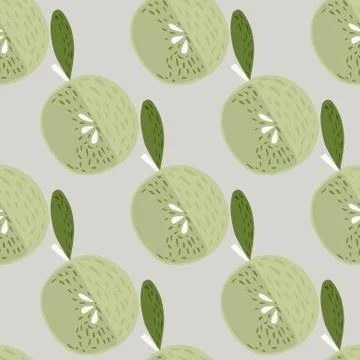 Pastel fruit seamless pattern with apple print. Doodle green soft elements on Stock Illustration