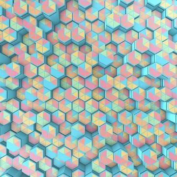 Pastel geometric background with 3D hexagons in blue, pink, and peach Stock Illustration