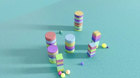 Pastel geometric shapes with long shadows on turquoise surface Stock Footage 344542429