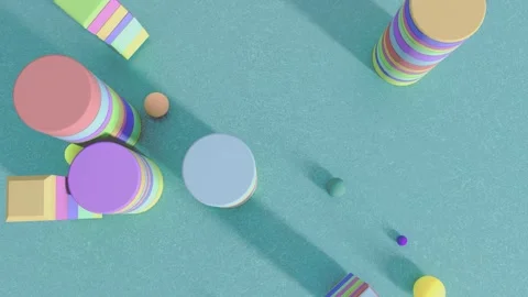 Pastel geometric shapes with long shadows on turquoise surface Stock Footage 344542433