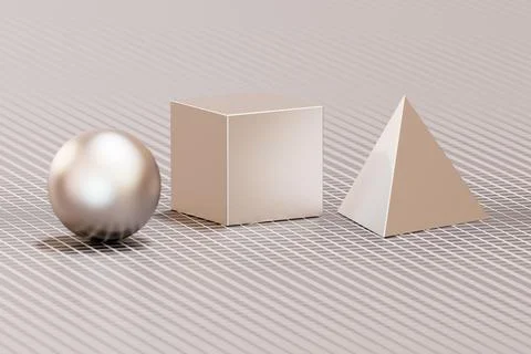 Pastel geometric sphere cube and pyramid on striped floor Stock Illustration