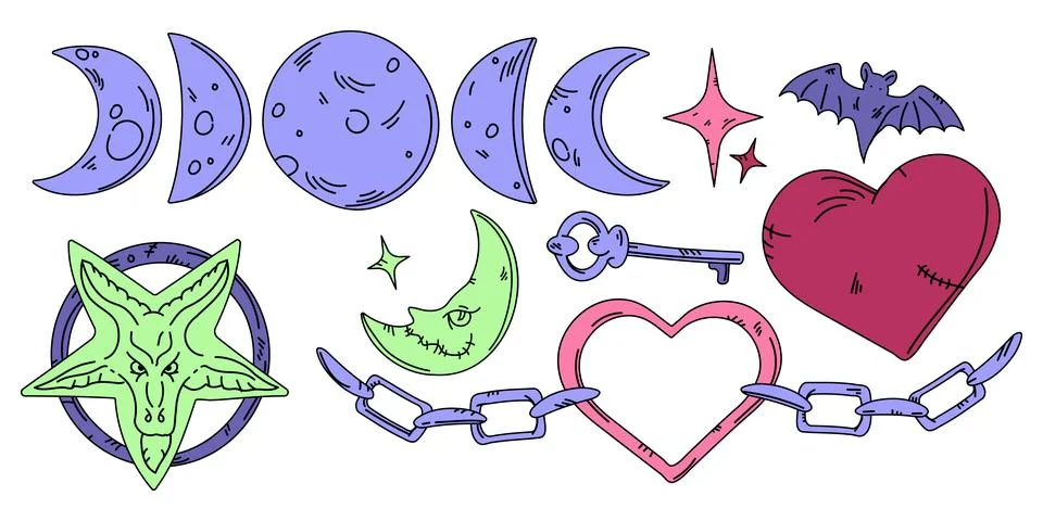 Pastel Goth elements set with creepy cute symbols. Hand drawn occult icons Illustrazione stock