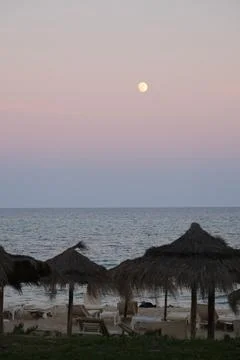 Pastel gradient sky after sunset on the beach in Hammamet ,Tunisia Stock Photos