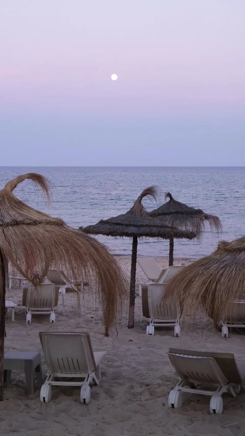 Pastel gradient sky before sunrise on the beach in Hammamet ,Tunisia Stock Footage 340226143