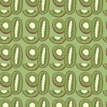 Pastel green abstract seamless pattern with doodle kiwi elements. Decorative  イラスト素材