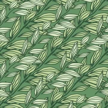 Pastel green tones seamless pattern with outline leaves ornament. Simple flor Stock Illustration