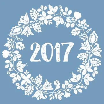 Pastel laurel vector wreath New Year 2017 white frame on blue background Stock Illustration