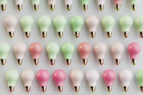 Pastel light bulbs flat lay conceptual 3D illustration Illustrazione stock