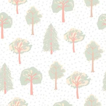 Pastel light isolated seamless pattern with soft purple tree silhouettes. Whi Stock Illustration