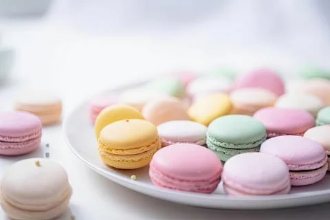 Pastel Macarons, Array of Colors &amp; Flavors Stock Photos