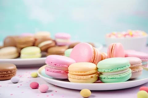 Pastel Macarons, Array of Colors &amp; Flavors Stock Photos