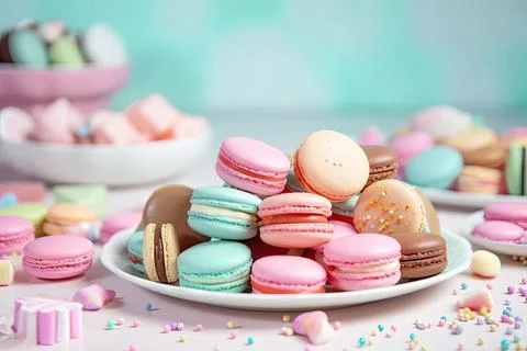 Pastel Macarons, Array of Colors &amp; Flavors Stock Photos