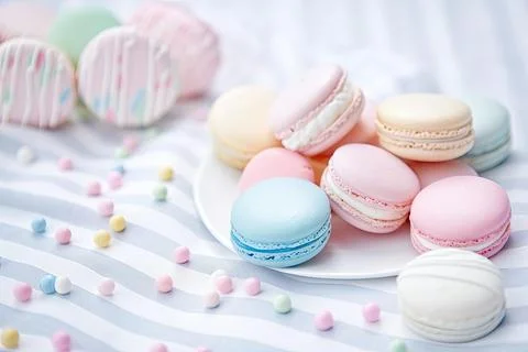 Pastel Macarons, Array of Colors &amp; Flavors Stock Photos