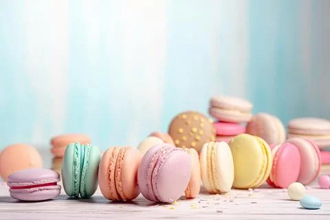 Pastel Macarons, Array of Colors &amp; Flavors Stock Photos