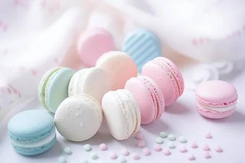 Pastel Macarons, Array of Colors &amp; Flavors Stock Photos