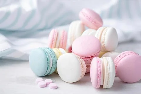 Pastel Macarons, Array of Colors &amp; Flavors Stock Photos