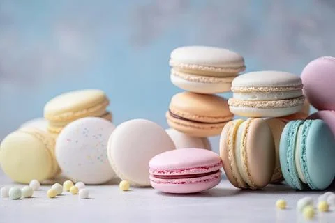 Pastel Macarons, Array of Colors &amp; Flavors Stock Photos