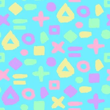 Pastel Memphis-style pattern with colorful geometric shapes including circles, Stock Illustration