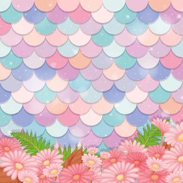 Pastel mermaid scale pattern with many flowers Illustrazione stock