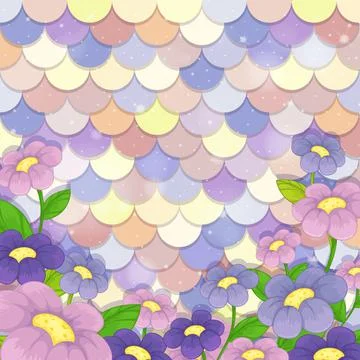 Pastel mermaid scale pattern with many flowers Illustrazione stock