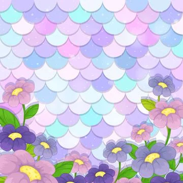 Pastel mermaid scale pattern with many flowers Stock Illustration