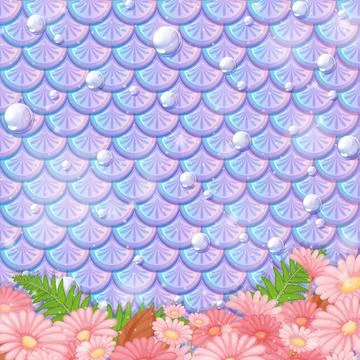 Pastel mermaid scale pattern with many flowers Stock Illustration