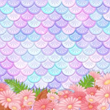 Pastel mermaid scale pattern with many flowers Illustrazione stock