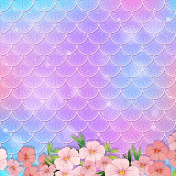 Pastel mermaid scale pattern with many flowers 스톡 일러스트