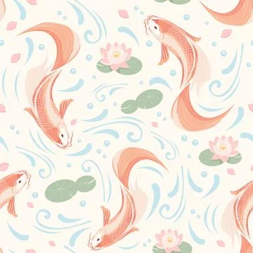 Pastel minimal koi (carp) fish and lotus seamless pattern background Stock-Illustration
