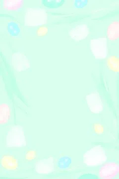 Pastel mint green background bordered with white tulips and colorful Easter.. Stock Photos