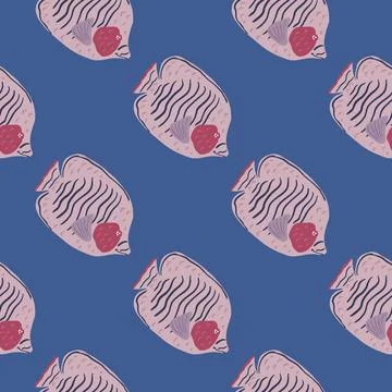 Pastel pale tones seamless pattern with pink butterfly fish silhouettes. Blue Illustrazione stock