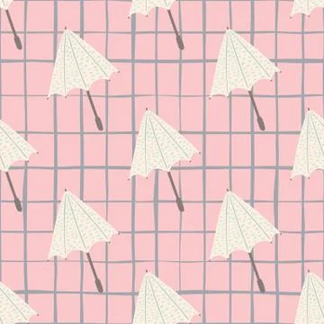 Pastel palette seamless doodle pattern with umbrella silhouettes. Pink cheque 스톡 일러스트