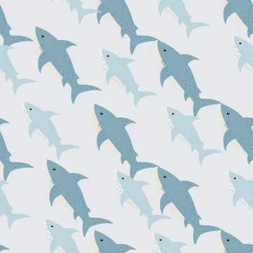 Pastel palette seamless pattern with blue shark hand drawn ornament. Light gr 스톡 일러스트