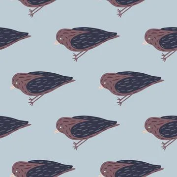 Pastel palette seamless pattern with doodle cartoon bird elements. Blue backg Stock Illustration