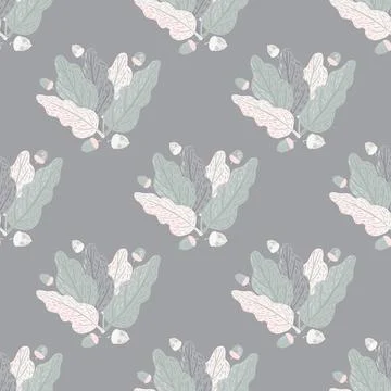 Pastel palette seamless pattern with simple leaf silhouettes. Pale blue backg Illustrazione stock