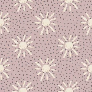 Pastel palette seamless pattern with white colored sun ethnic print. Lilac do Stock Illustration