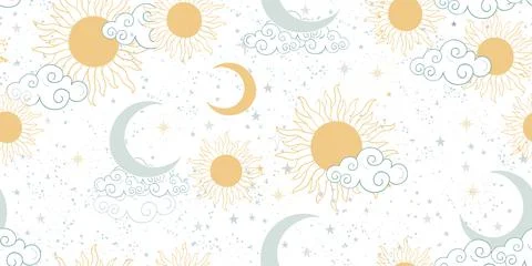 Pastel pattern with moon, sun, clouds. Flat vector seamless space ornament fo イラスト素材