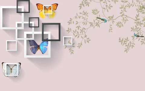 Pastel pink background, frames, butterflies, a tree branch, two birds Stock Illustration