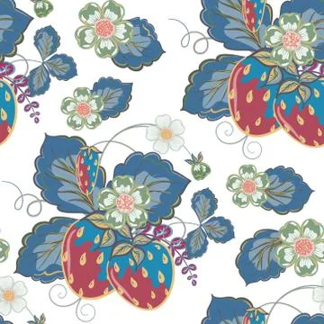 Pastel pink brown seamless pattern with a strawberry, leaves and flowers (vector Stock Illustration