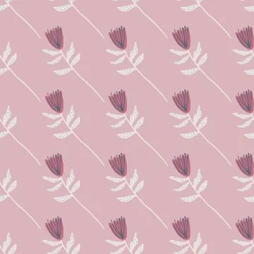 Pastel pink seamless pattern with flowers figures and white twigs. Stylized h Stock Illustration
