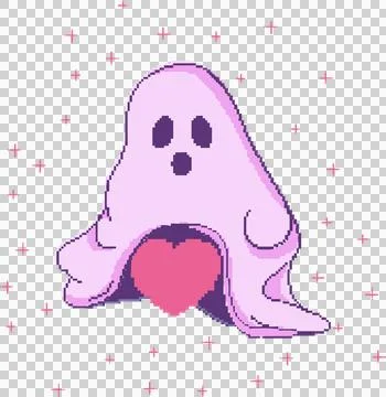 Pastel pixel art ghost is hovering over large pink heart on transparent canvas Stock Illustration