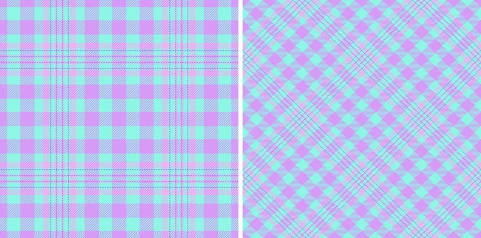Pastel plaid pattern set. Cute, seamless checks in lilac and aqua. Perfect fo Stock Illustration